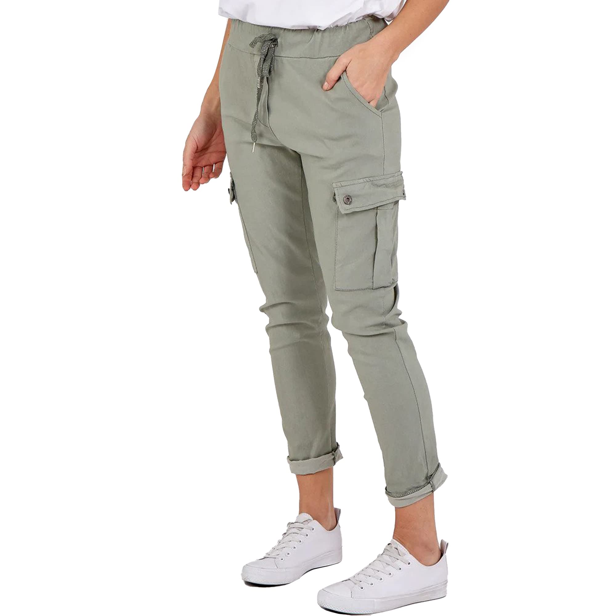 Ladies Magic Super Stretch Italian Cargo Trousers Womens Crushed Casual Leggings Look Joggers Pants 8-22, Khaki, 8-14-image-35