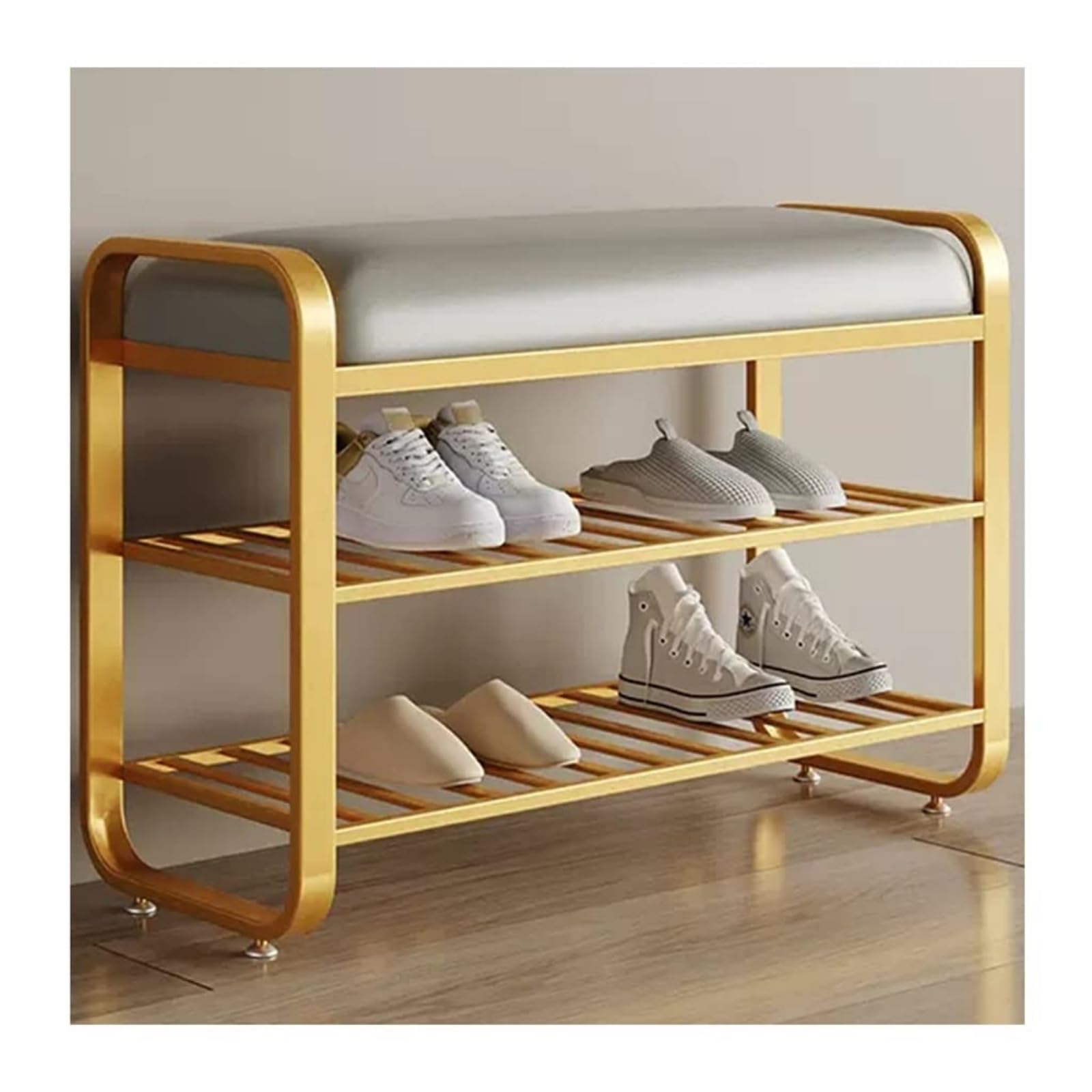MYUYEE Shoe Storage Bench 2 Tier Entryway Shoe Storage Orga Shelf Shoe Rack Bench With Padded Seat For Hallway Front Door Doorway,Gray,60 * 32 * 52Cm(Gold-60 * 32 * 52Cm)