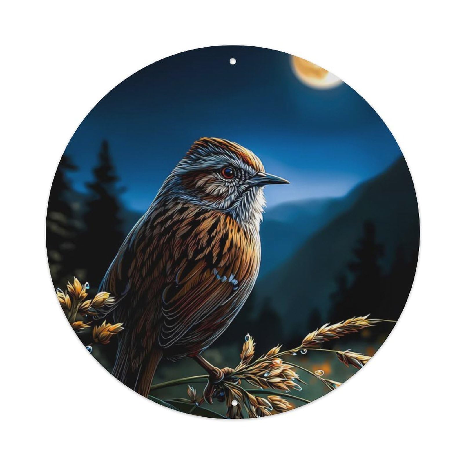 Animal Sparrow Moon Night Wild Grass Vintage Metal Tin Sign Plaque Wall Decor for Cafe, Club Bar, Office, Garden Metal Poster 8x8Inch