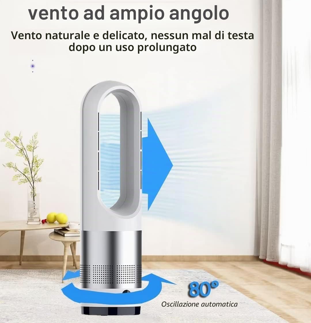 Termoventilatore Senza Pale Torre Calda Fredda purificatore d'Aria Telecomando Timer 8ore velocità oscillante 18" 80°ventilatori circolanti Interni Ufficio Camera Letto casa
