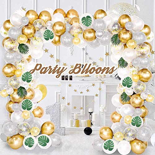ATSOUND 106 PCS Palloncini Decorazione per Feste Kit Arco Ghirlanda, Palloncini Compleanno coriandoli in Lattice Oro Bianco con 2 Foglie di Palma Tipo per Baby Shower, Festa di Compleanno, Matrimoni