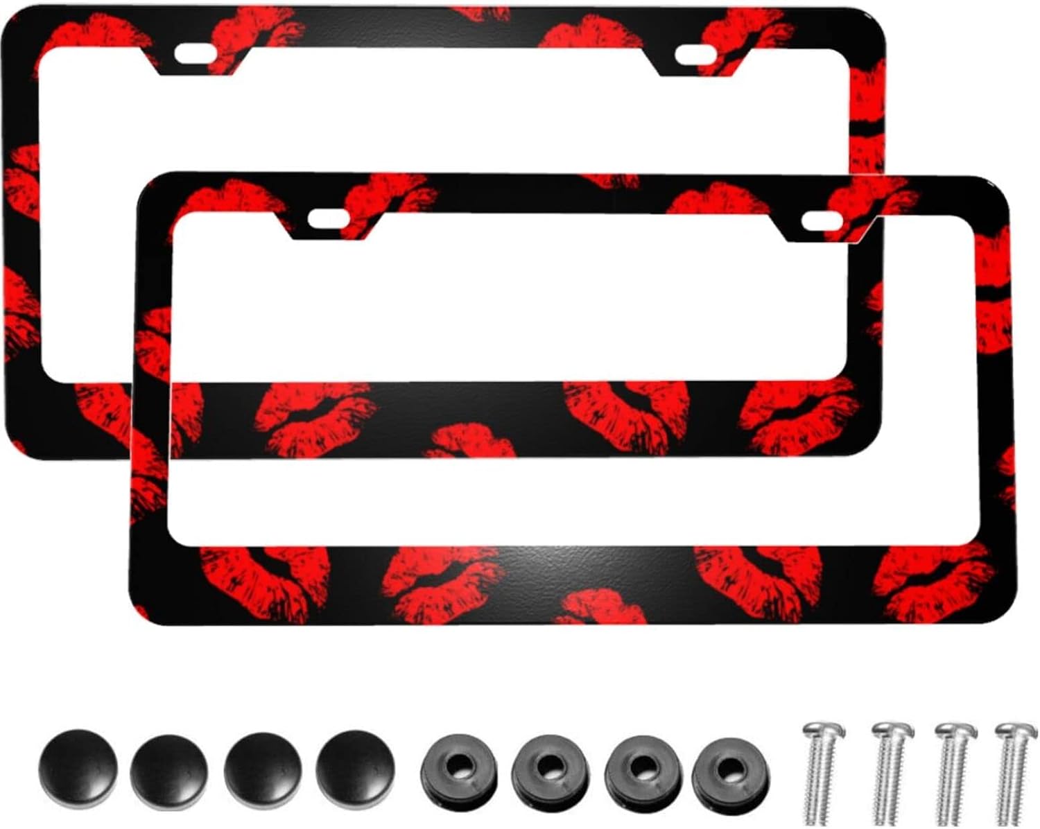 Black Red Lips Matte Aluminum License Plate Frame with Black Screw Caps，2pcs 2 Holes Black Licenses Plates Frames,Car Licenses Plate Covers Holders for Us Vehicles/Women/Men