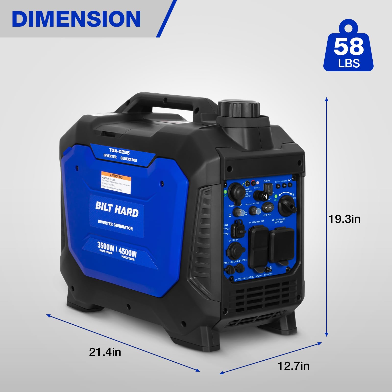 BILT HARD Generador portátil de combustible doble a gas y propano de 4500W, generador alimentado por gas y propano con sensor de CO, listo para autocaravana, capaz de funcionamiento en paralelo 4