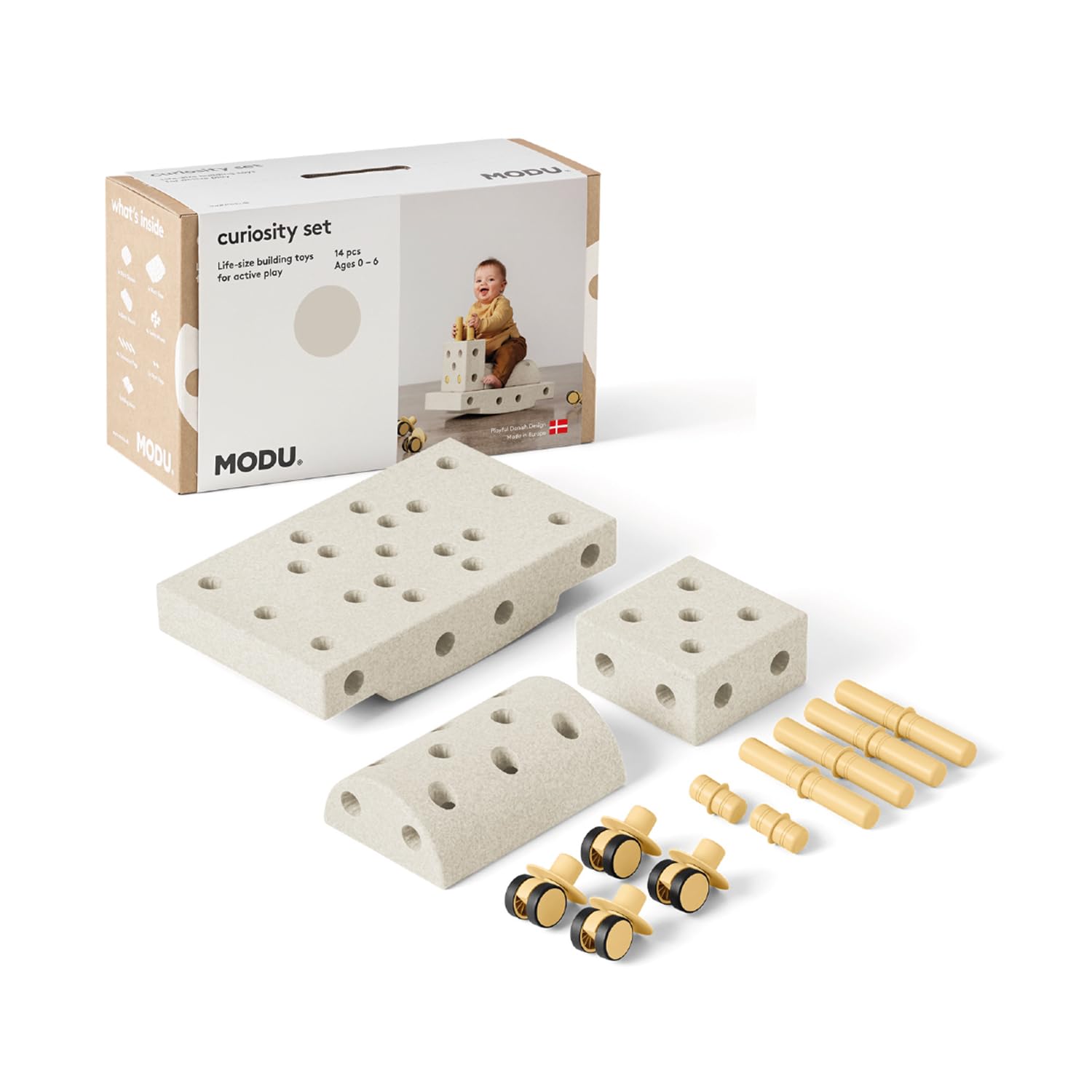 Juguete marca Modu. Modelo 14 tlg. Baukasten Starter-Set Modu Playsystem Curiosity von 0-6 Jahre - Sand Grey/Honey Yello