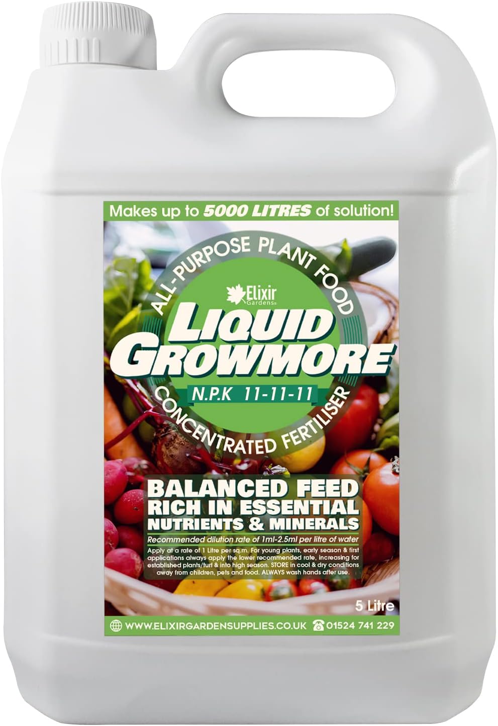 Elixir Gardens Liquid Growmore Concentrate | N.P.K 11-11-11 | 1-10 Litre Bottles Available | Vegetable, Fruit & Flower Food/Plant Fertiliser | 5 L Bottle - Makes up to 5000L
