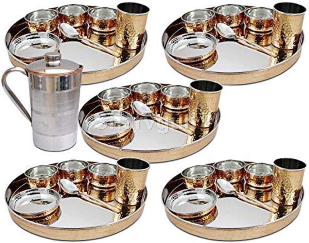 Sharvgun Stainless Steel Copper Dinnerware Set Gold Large Dinner Plate Thali with Cup Bowls Spoon Hammered Design Dinnerware- Set of 5 for Ayurveda Benefits