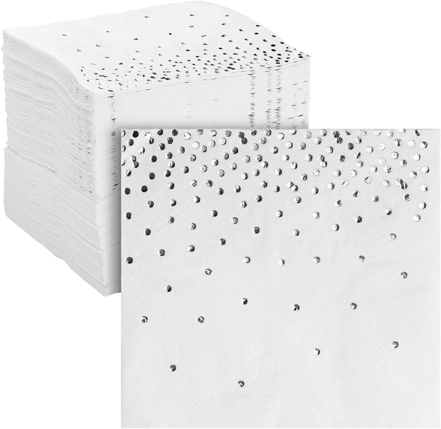 Juvale Silver Cocktail Napkins Confetti Foil - 100 Pack, 5 x 5 In, 3-Ply - Beverage & Dessert Napkins for Birthdays, 25th Anniversary, Disposable Party Pack for Wedding Reception & Bridal Shower