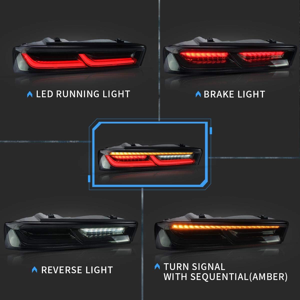 VLAND Led Tail lights Compatible with Chevy Camaro 2016 2017 2018 w/Amber Turn Signal w/Sequential (US Plug), Smoke Lens Rear Lamp Assembly with Passenger& Driver Sides