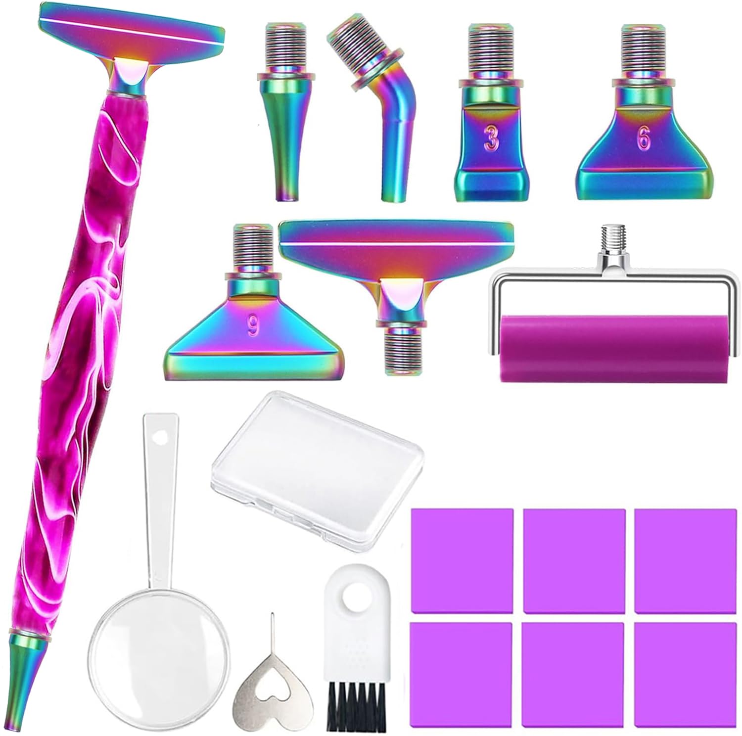 Amyaker ダイヤモンドアート ペインティング ペン キット ダイアモンド塗装ツールセット ねじ鋼銀色金属置換ダイヤモンドペン 調整板 ダイャモンド塗装ローラー 拡大鏡 付き 5Dモザイクアート用ツール アクセサリ 紫 变色