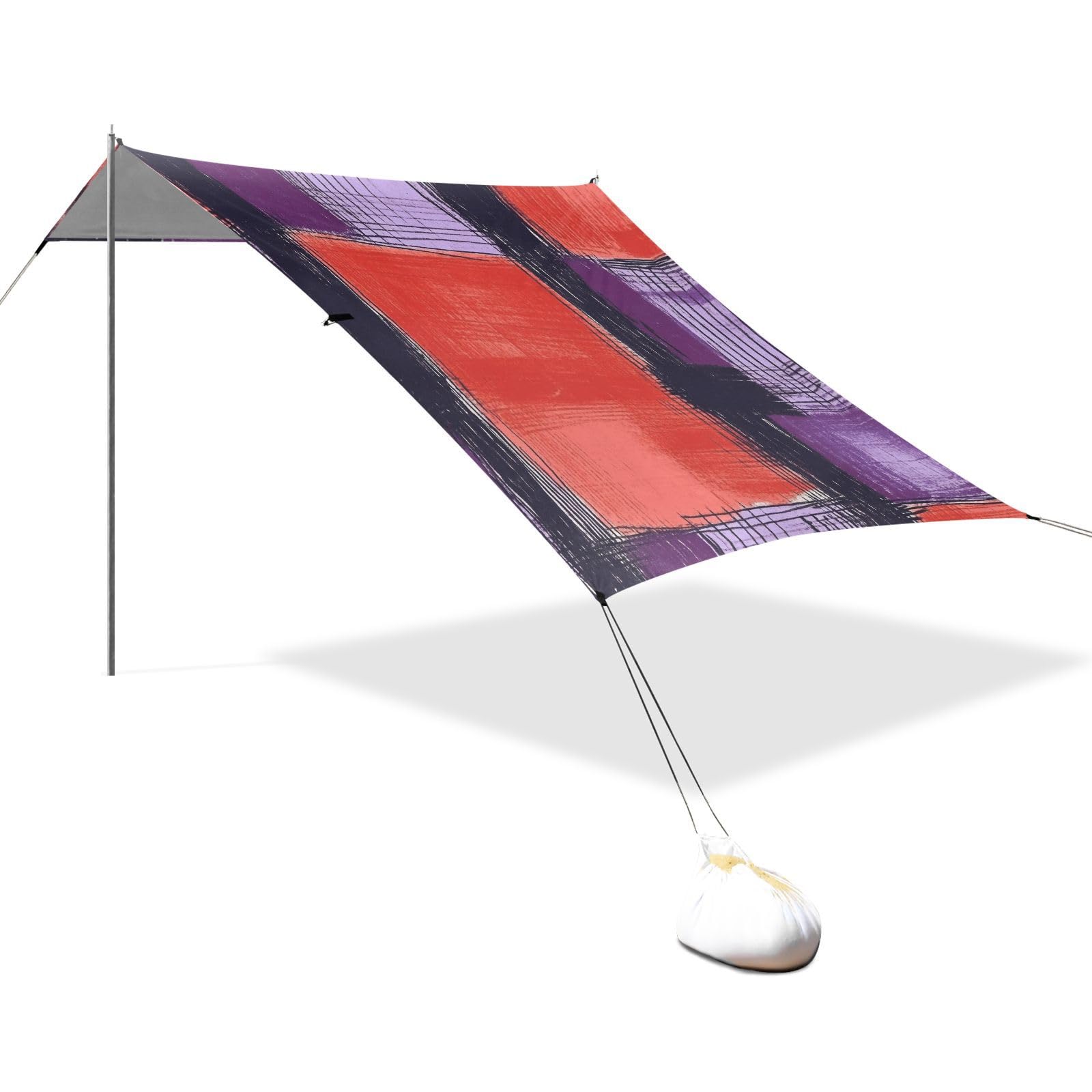 Palevioletred Checked Hand-Drawn Sketch Foldable Beach Tent UPF50+ Protection Easy Setup Outdoor Sun Shade with Sandbags & Sand Shovel for Backyard and Camping