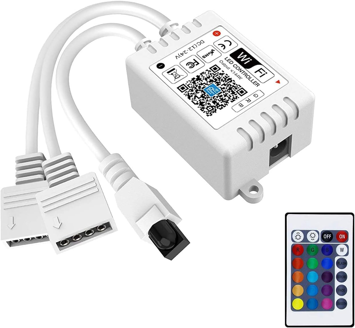 Smart RGB WiFi LED Controller, 4-Pin Output, Compatible with Alexa/Google Home Assistant/IFTTT Android/iOS for SMD 3535 5050 2835 Color Changing LED Strip Lights, 24 Key Remote Control (2-Port)