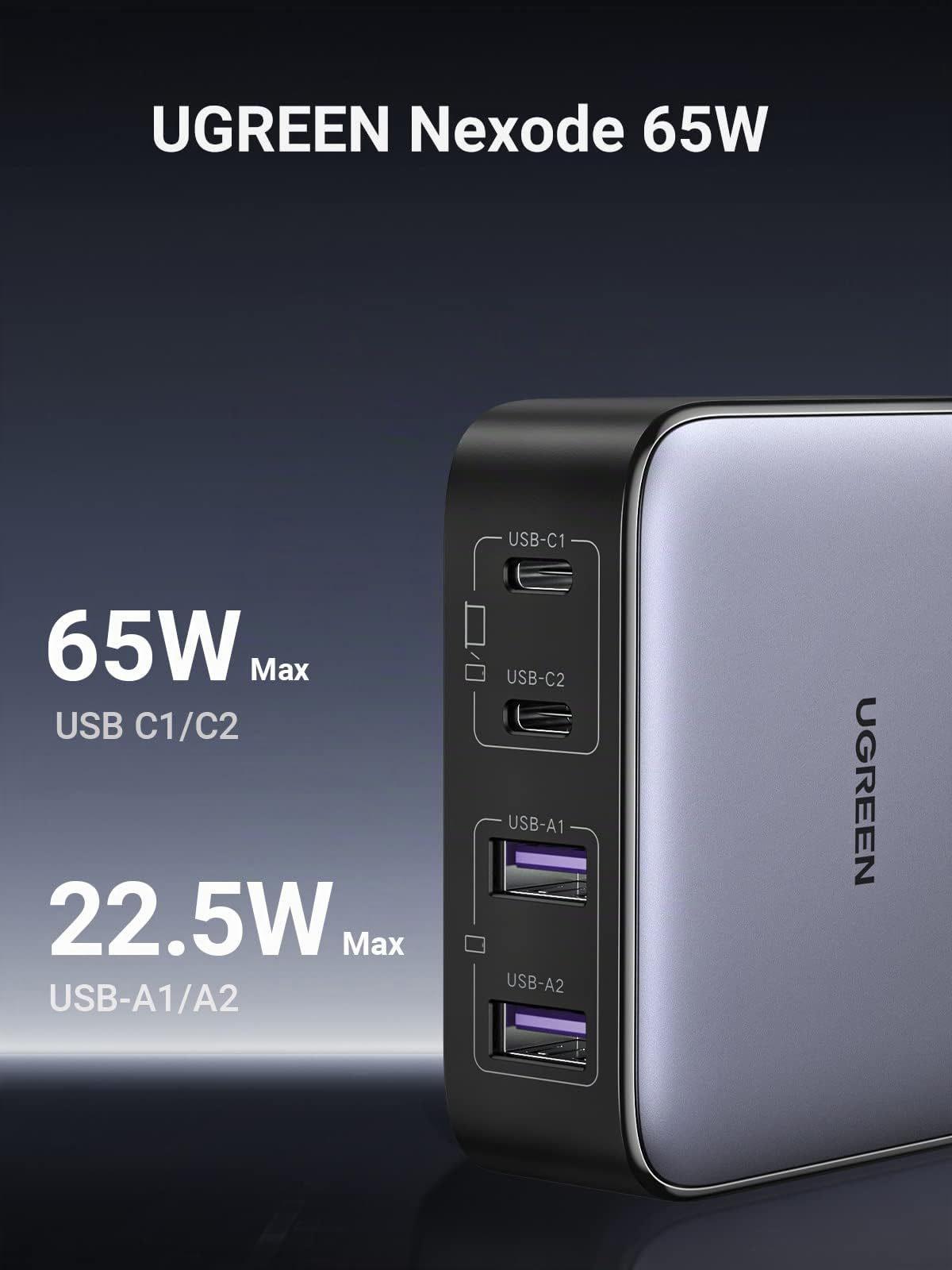 UGREEN Nexode 65 W 4 porte caricatore USB C rapido da scrivania con GaN II Tech compatibile con iPhone 16 Plus Pro Max 15 14 13 12 MacBook Pro Air iPad Galaxy S24 Ultra Plus, 2 m cavo di alimentazione