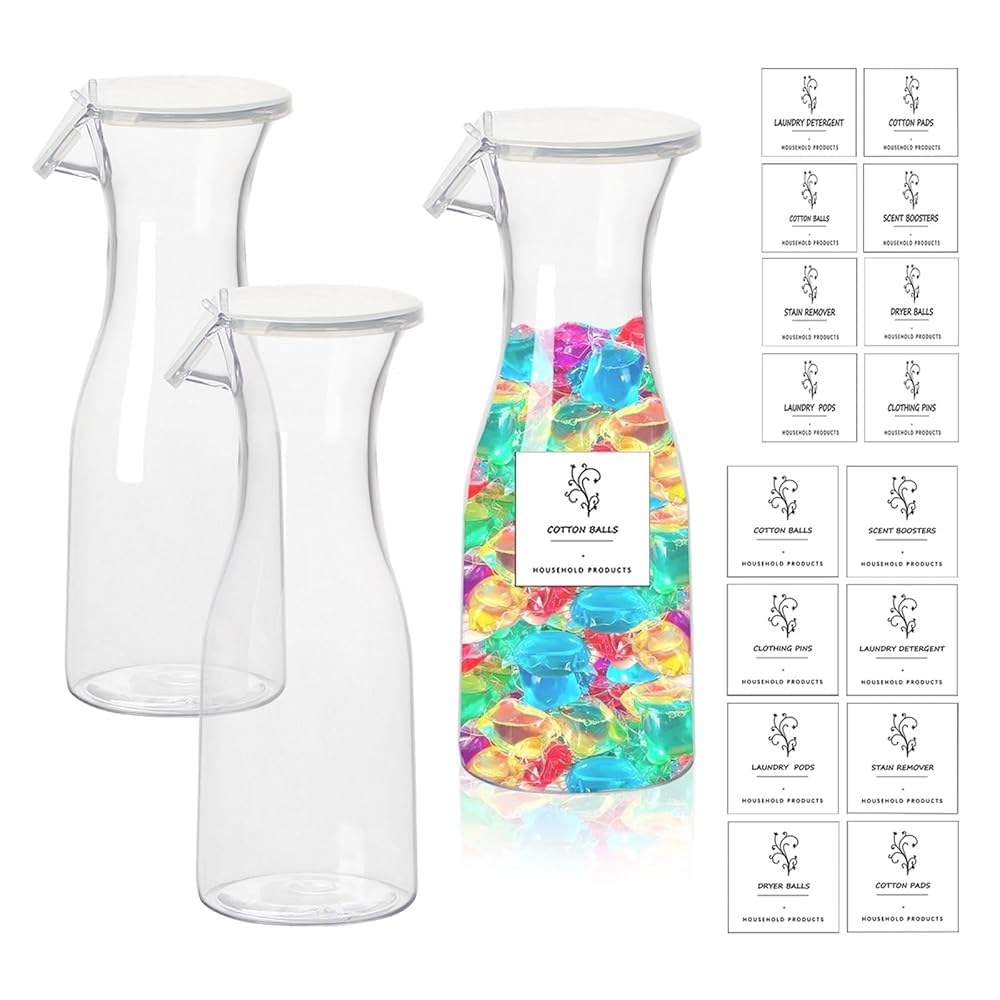 3 Pièces Distributeur Lessive Liquide, 568ml Distributeur de Lessive avec Couvercle et Étiquettes, Rangement Lessive Scellé en Plastique Réutilisable Laundry Detergent Dispenser pour Poudre