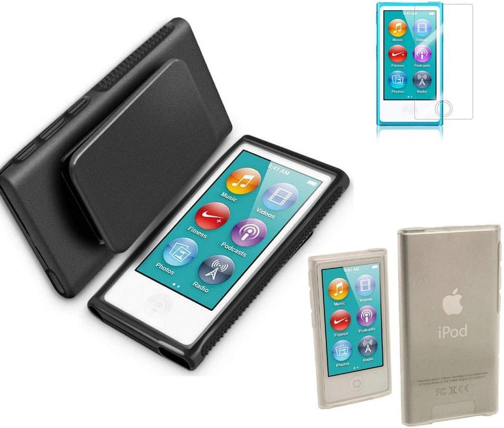 BestforYou for Apple iPod Nano 7 Case, Belt Clip TPU Rubber Gel Soft Skin Case Cover for Apple iPod Nano 7th Generation 7G 7 + Clear Soft TPU Skin Case Cover (Black)