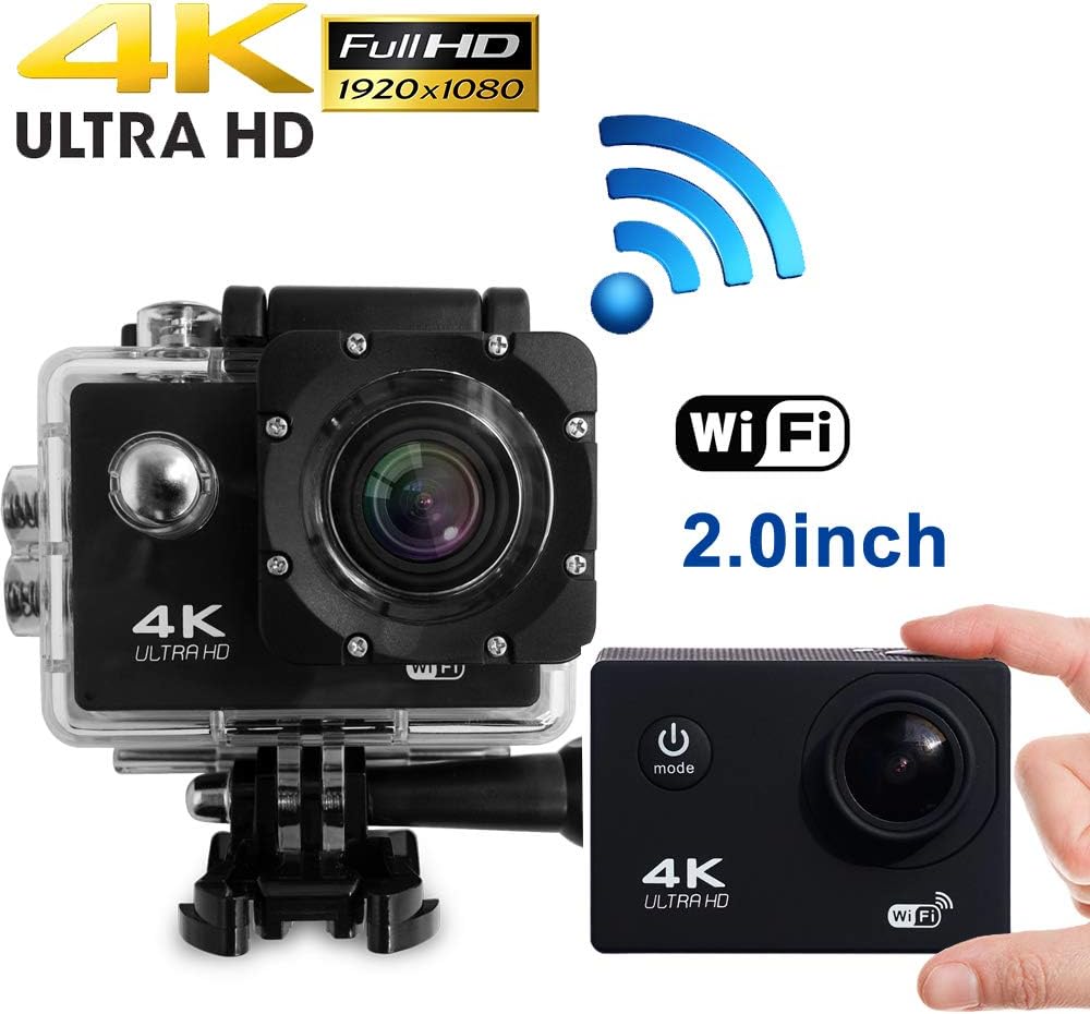 [Upgraded] Action Camera 4K WIFI Full HD Sport Camera 30M Waterproof Camera Video Recorder 2.0 Inch 170 degree Wide Angle Lens Underwater Camera with 2 Rechargable Batteries(19 Accessories)