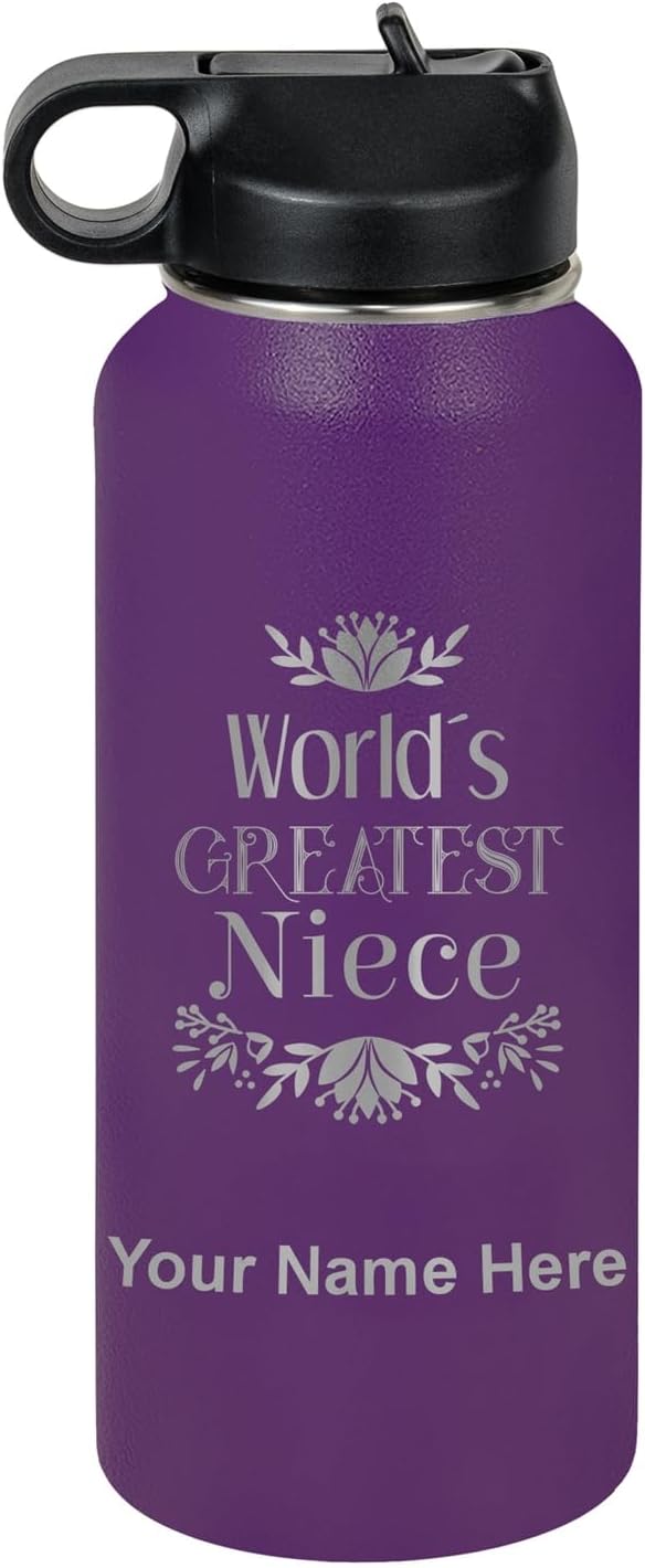 LaserGram Personalized Water Bottle, World's Greatest Niece, Stainless Steel Double Wall Vacuum Insulated with Flip Top Straw, Custom Engraved Gift (32oz / 950ml Dark Purple)