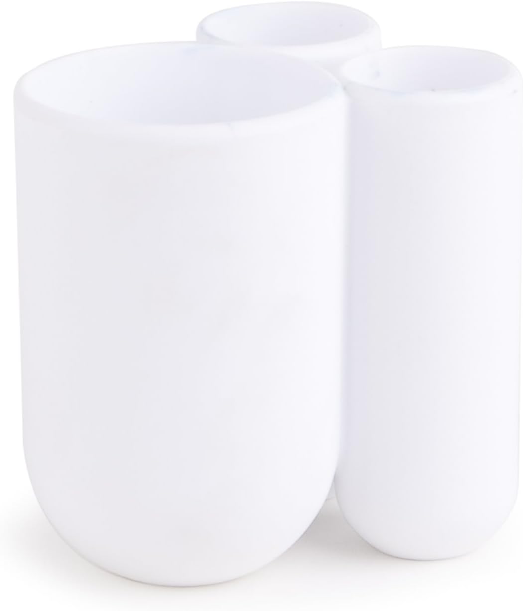 Umbra Touch Toothbrush Holder, 3-Compartment Toothpaste Organizer, White | Matte finish, easy to clean, compact design, durable material, recycled plastic