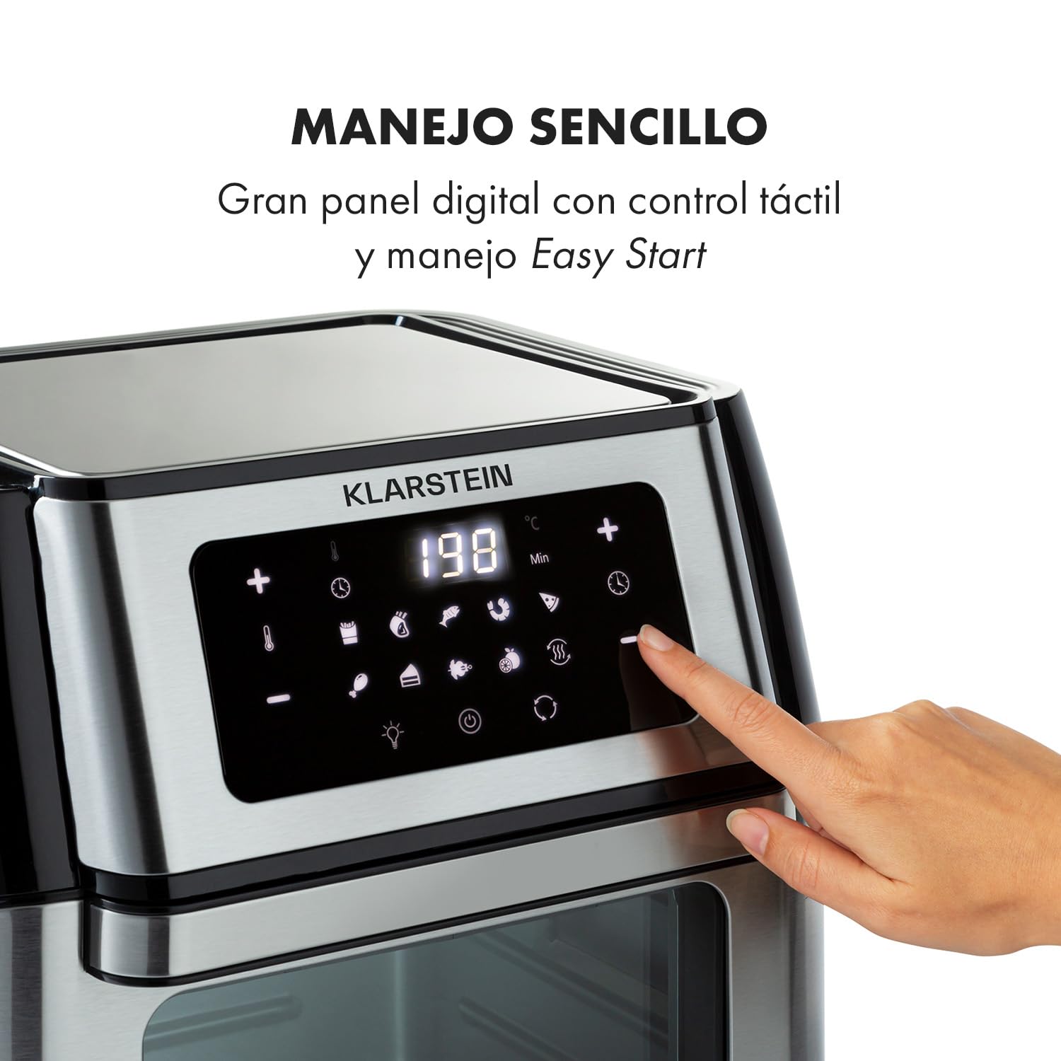 Klarstein AeroVital Fry - Freidora de Aire, 3D Heating System 1500 W, Volumen XL 10 L, 9 Programas, Carcasa Cool-Touch, Temporizador 60 min, Termostato hasta 220 C, Pantalla Tactil, Negro/Plata