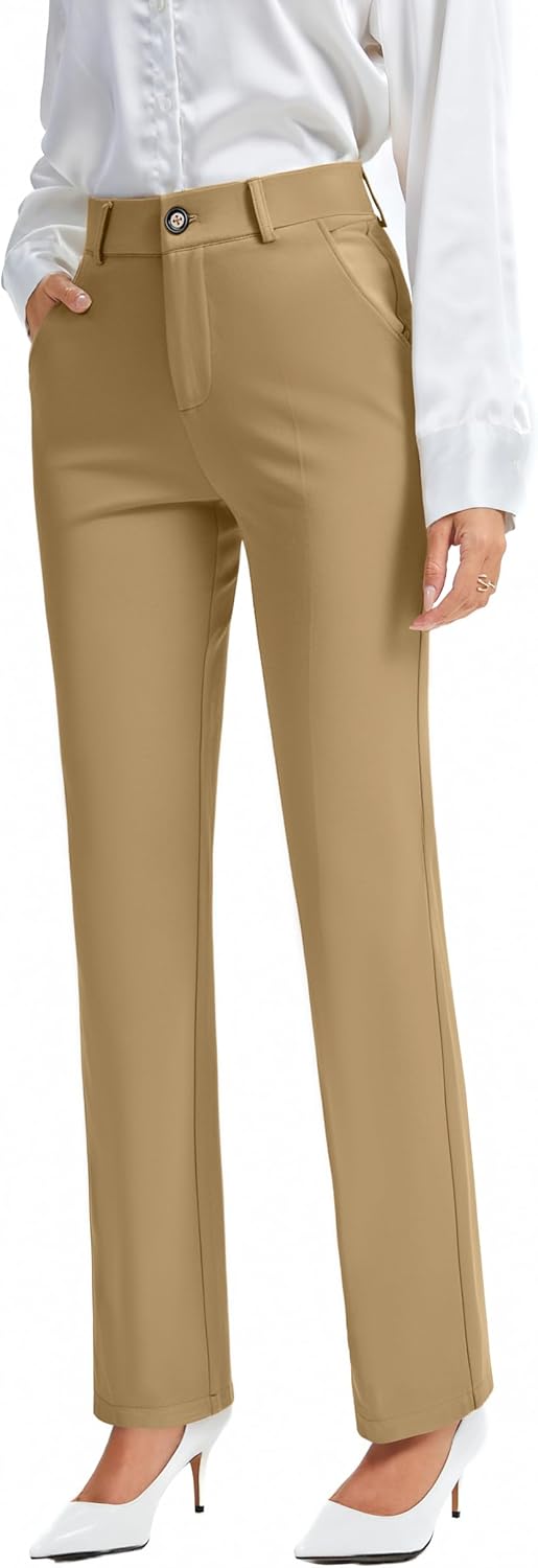 FUNYYZO Dress Pants Women's Stretchy Straight Leg Button Slacks Trousers with Pockets Casual Pants