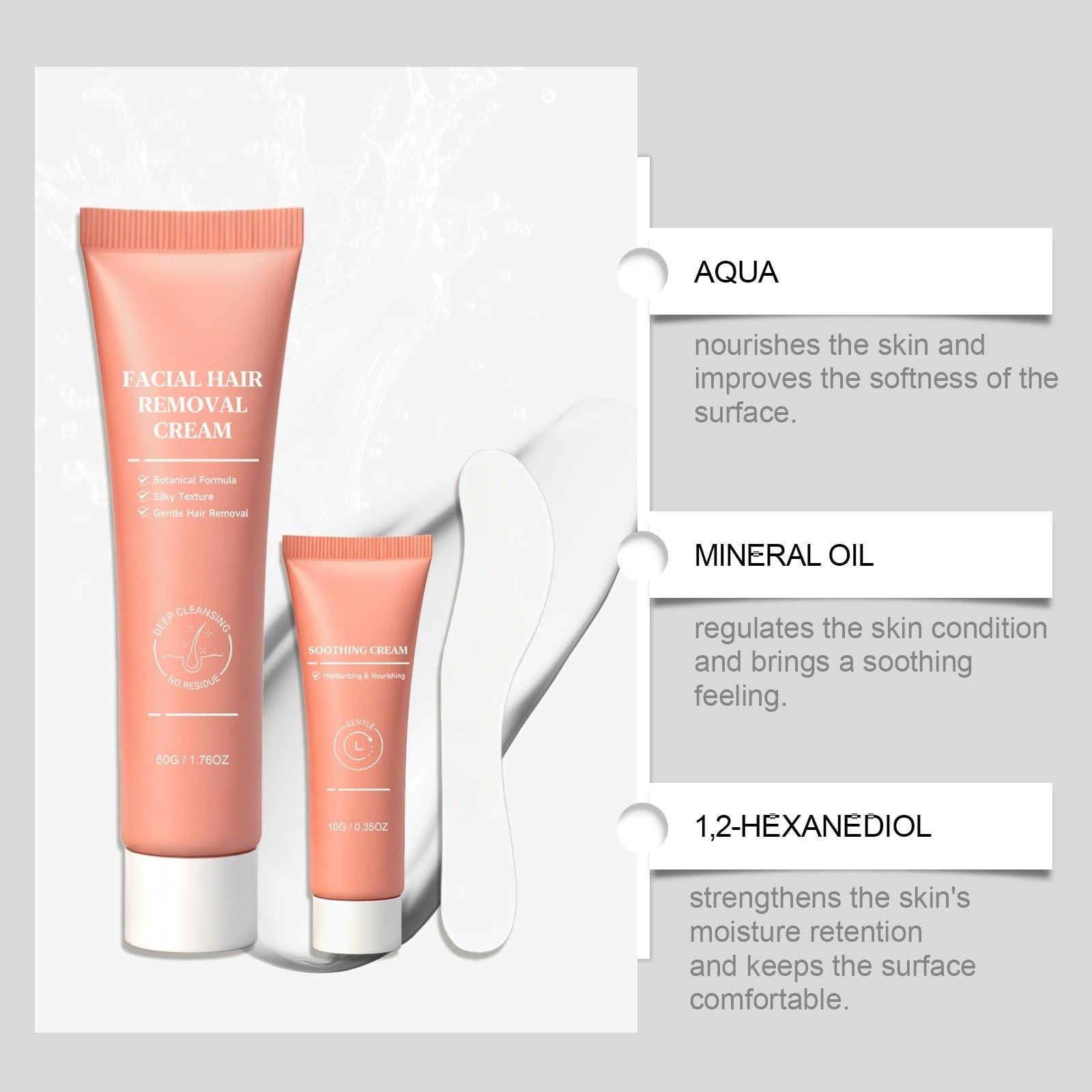 Crema depilatoria per il viso, 50 ml, morbida con lozione lenitiva, crema lenitiva abbinata e spatola di applicazione, formula morbida, pelli sensibili, ideale per l'estate, i viaggi, il salone a casa