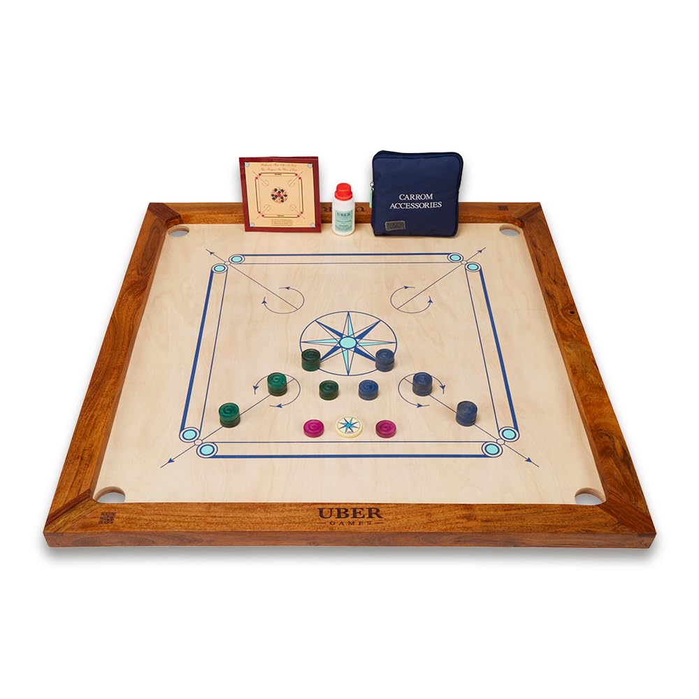Uber Games – Premium Carrom Board Set & Stand- Limited edition – 33 x 33” Official Size playing board Including Carrom Men, Striker & Powder - Hardwood edges for better rebound – Made in India