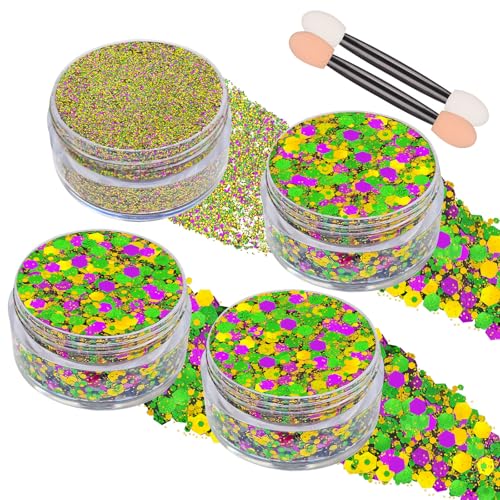 Paminify 4 Jars Mardigras Face Glitter Purple Green Gold Body Hair Glitter Self-Adhesive Holographic Glitter Gel Sparkle Rave Music Festival Carnival Accessories 40g/1.41 oz