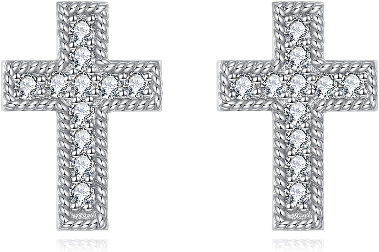 1/5 Cttw Lab Grown Diamond Textured Cross Stud Earrings for Women Sterling Silver, Confirmation Gifts for Her