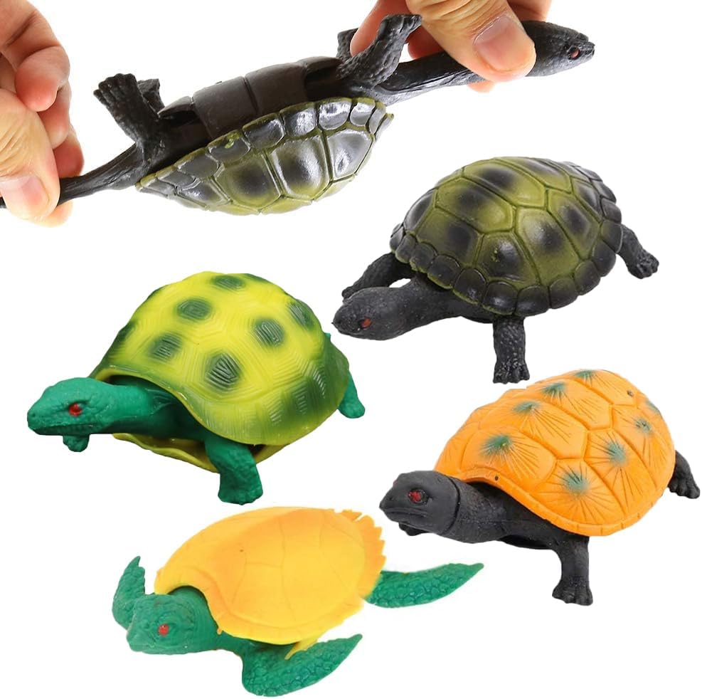 4 Pack 5 Inch Rubber Turtle Toys, Turtle Sets for Kids, Great Safety Material TPR Super Stretchy, Can Be Hid in the Shell, Ocean Animal Tub, Bath