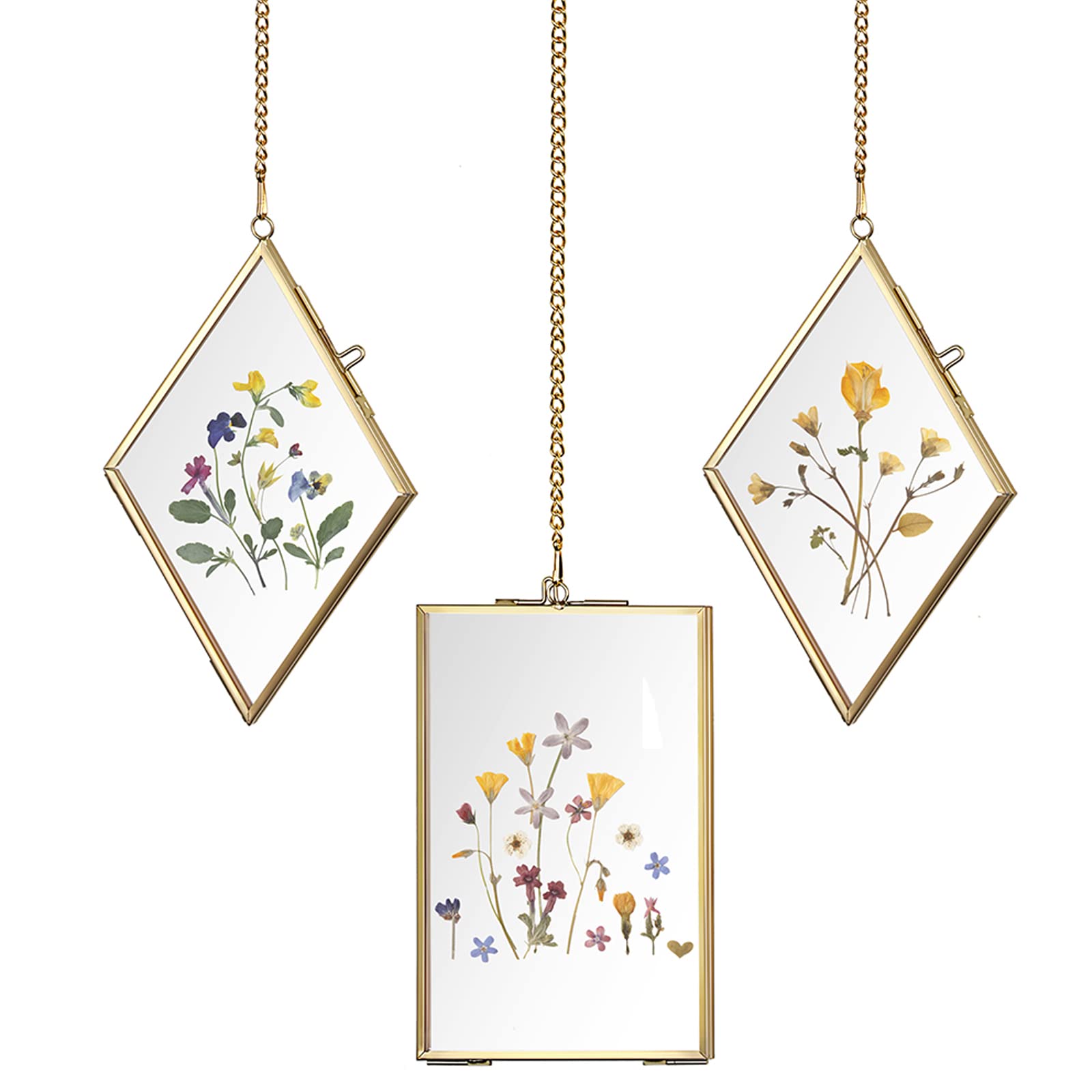 JUXYES Set of 3 Brass Diamond Wall Hanging Photo Frame Rectangle Wall