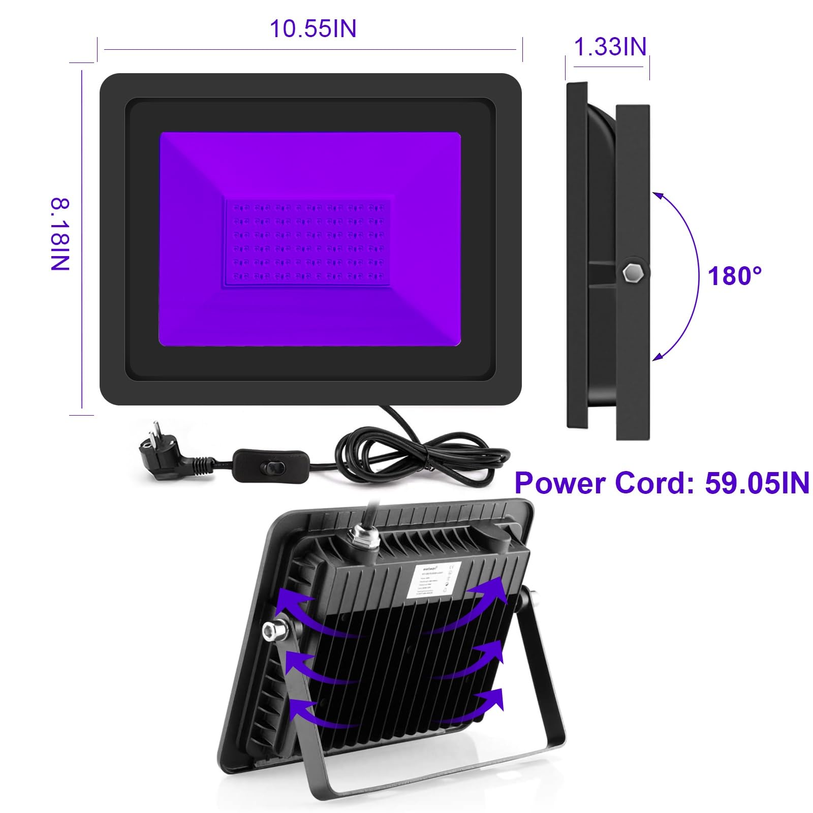 CREATESTAR LED Luce Nera 100W 1 Pezzi, 365nm Faro UV LED IP66 Impermeabile Faretto, Lampada per Festa Glow Poster Fluorescente Halloween Acquario Bar Discoteca