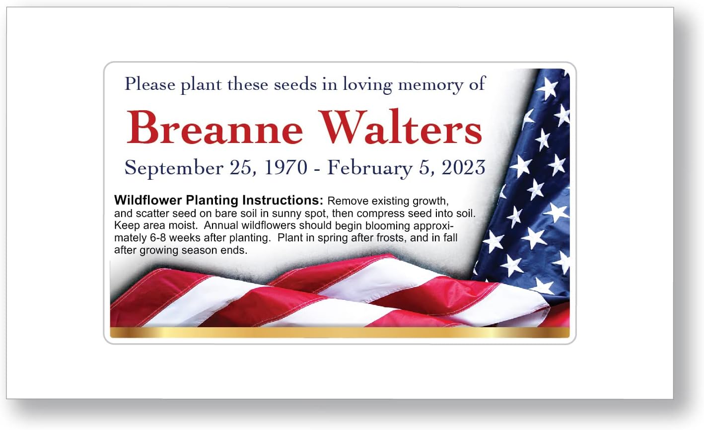 50 Personalized Patriotic American Flag Veteran Wildflower Memorial Funeral Seed Packets Favors Remembrance Celebration of Life