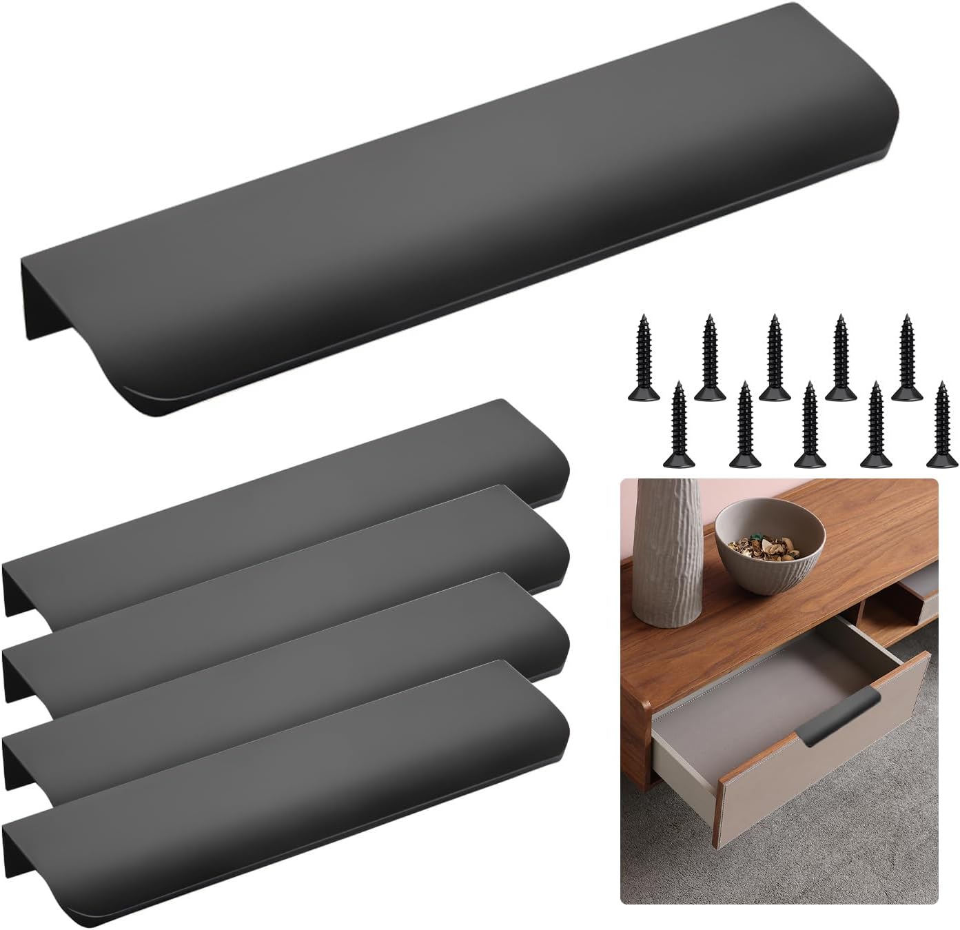 5 Pack 4.7" Length Flat Edge Finger Pulls for Cabinets, Aluminium Alloy Hidden Drawer Pull, Concealed Tab Finger Pull Cabinet Handles for Dresser Cupboard Wardrobe Kitchen Hardware (Black)