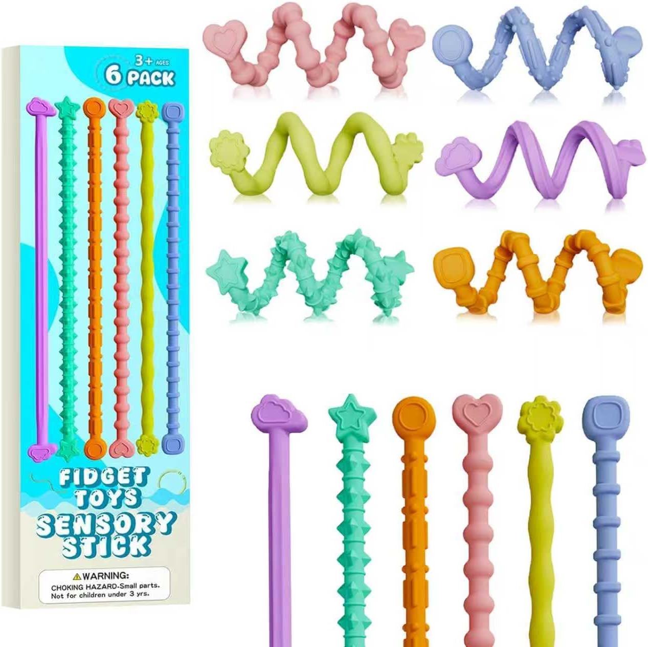 6 Pack Flexible Fidget Sticks, Fidget Toys for Adults Textured Calming Sensory Toys for Anxiety Relief, Calm Down Travel Activities Essential Toys Special Supplies