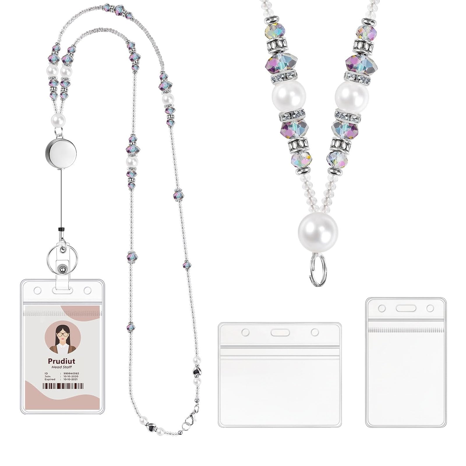 Floruvia Teacher Lanyards for ID Cards and Keys, Beaded Necklace with Retractable Reel, Cute Lanyards for Women
