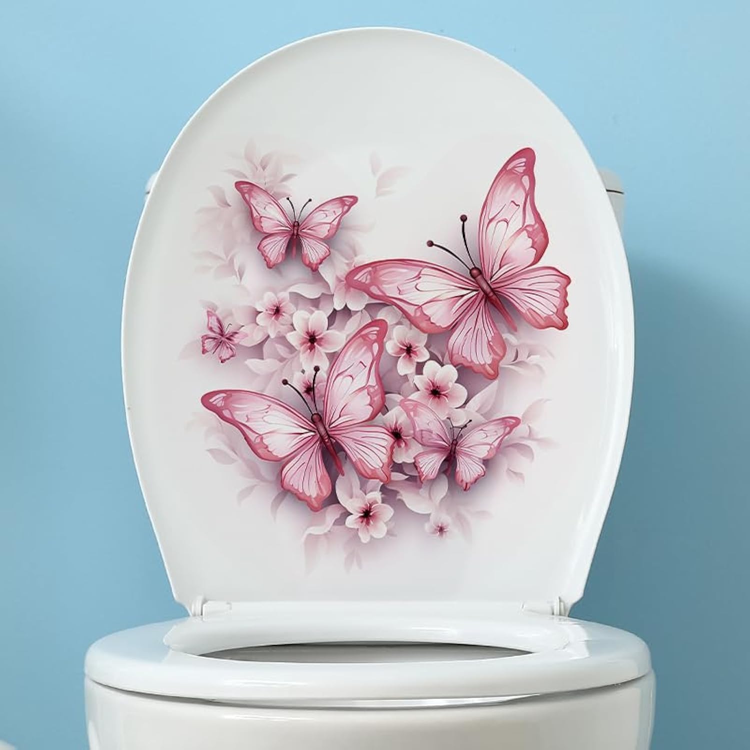 Pink Butterfly Flower Toilet Cover Sticker Decals,Fish Bird Flower Leaf Waterproof Toilet Lid Tank Seat Decals Cistern Self-Adhesive Bathroom Wall Sticker, White