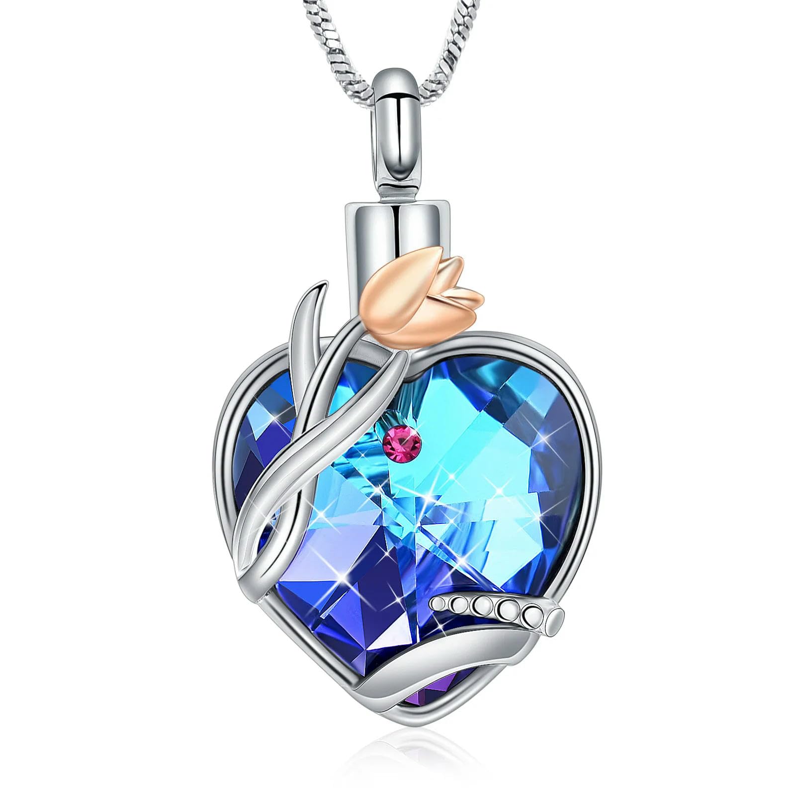 Bijou commémoratif pour cendres : le collier cœur et tulipe bleue souvenir