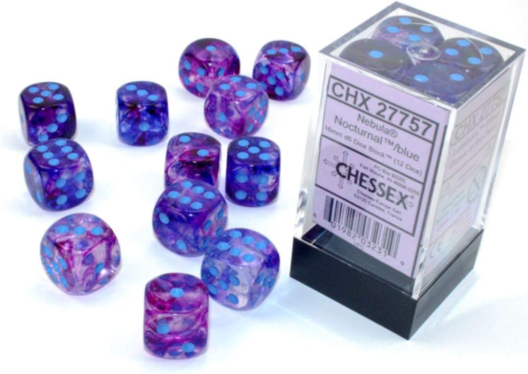 Chessex Nebula Dice Block 16mm d6 Nocturnal with Blue Luminary (12 dice)