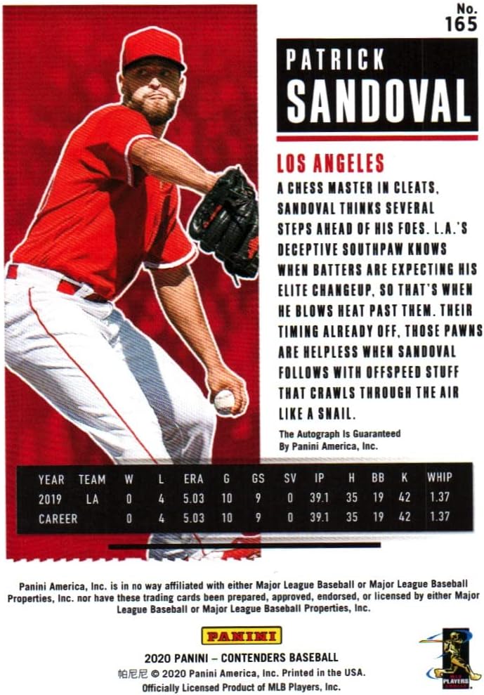 Patrick Sandoval Autographed Panini Contenders Rookie Card Collectible Baseball Card - 2020 Panini Contenders Rookie Ticket Baseball Card #165 (Angels) Free Shipping & Tracking