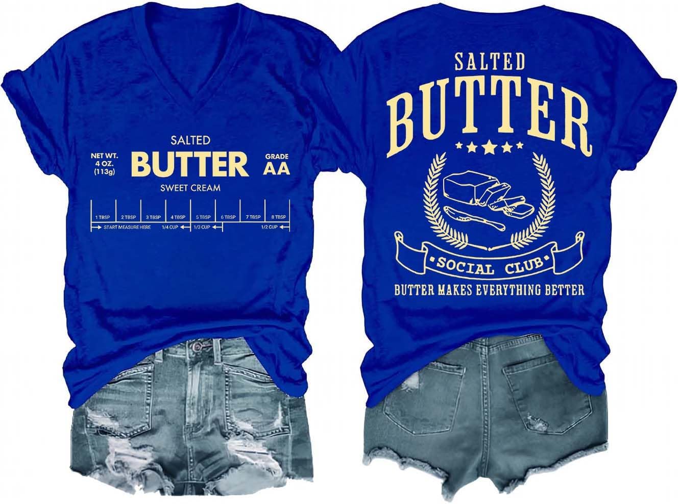Butter T Shirt, Salted Butter Shirt Food Shirts Funny Graphic Tees for Women V Neck Casual Vintage T-Shirt