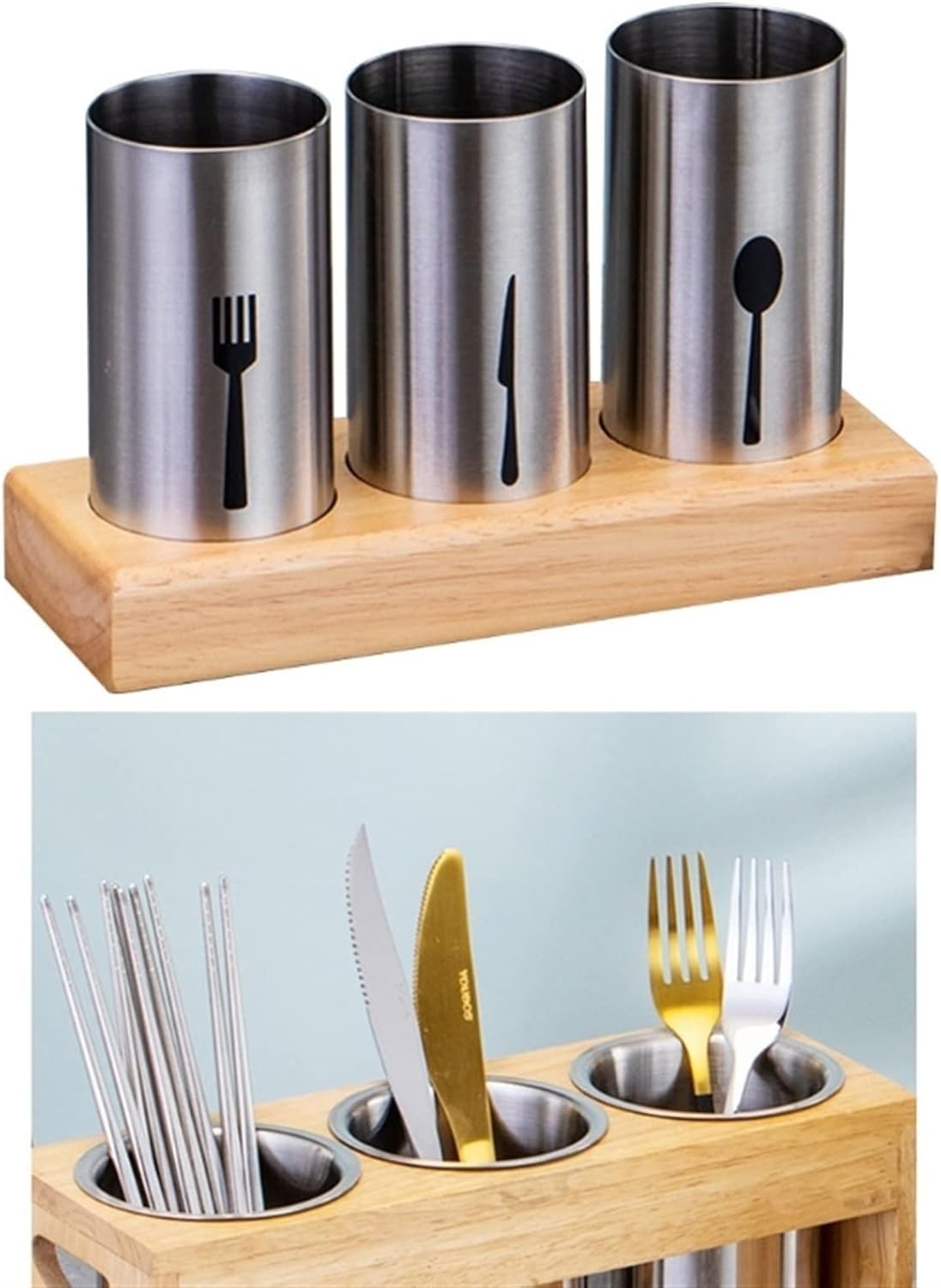 Flat holder stainless steel cutlery basket with wooden base fork (Brass)