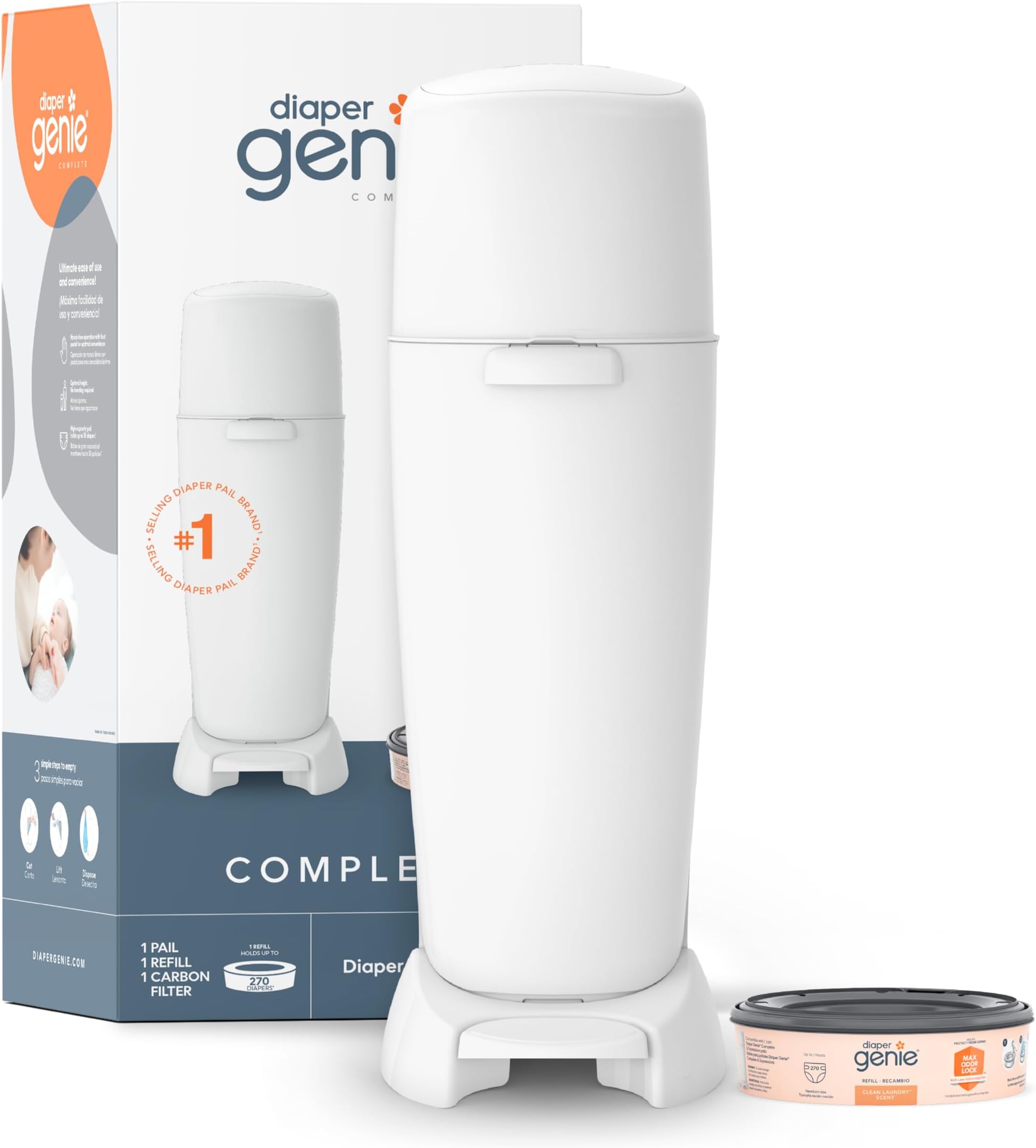 Playtex Diaper Genie Complete Pail with Built-In Odor Controlling Antimicrobial, Includes Pail & 1 Refill, White , 8.36 Pound