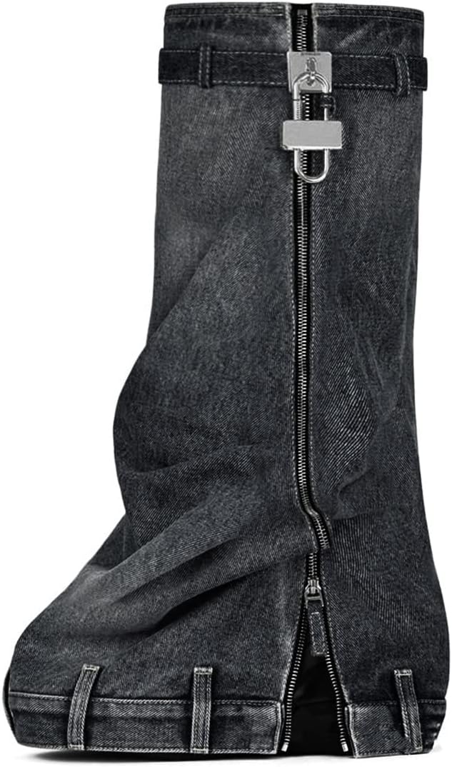 Yolkomo Women's Fold Over Knee High Denim Boots with Zipper Lock