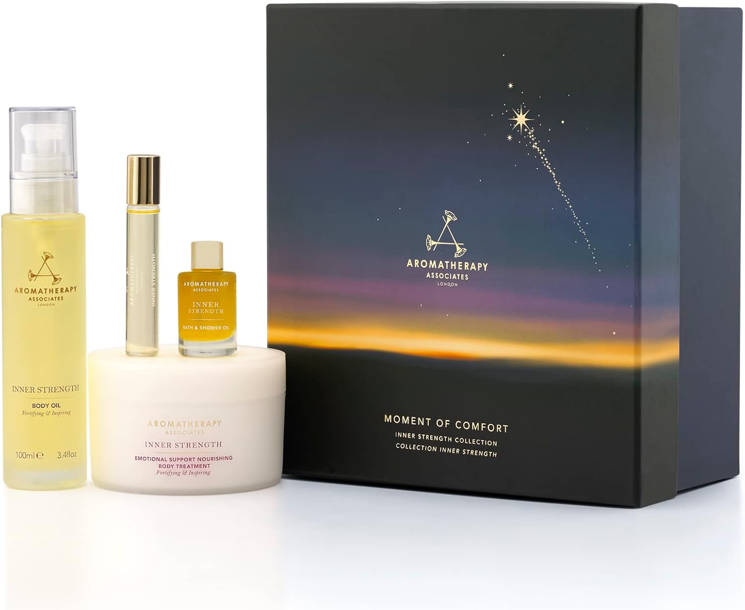 Aromatherapy Associates Moment of Comfort. Luxurious Holiday Gift Set Includes Inner Strength Bath and Shower Oil, Roller Ball, Body Oil, and Body Treatment (1 Count)