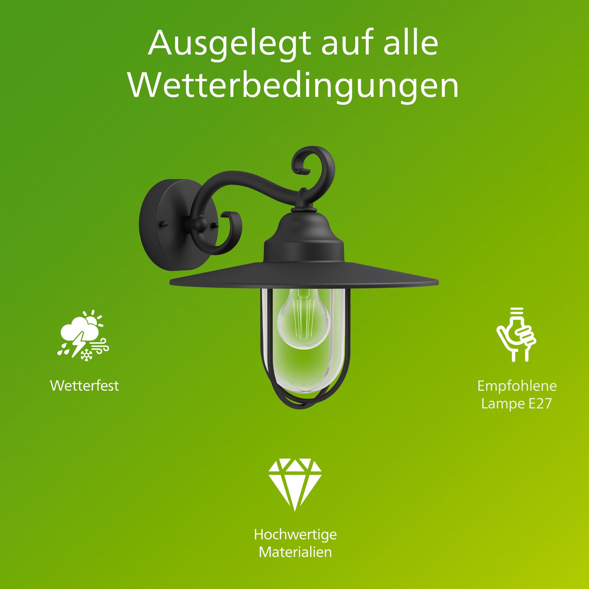 PHILIPS Pasture Outdoor-Lampe, Wandlampe, Außenbeleuchtung, IP44-Wetterfest, Langlebig, Aluminium, Klassisches Design, Schwarz, E27-Leuchtmittel Separat Erhältlich