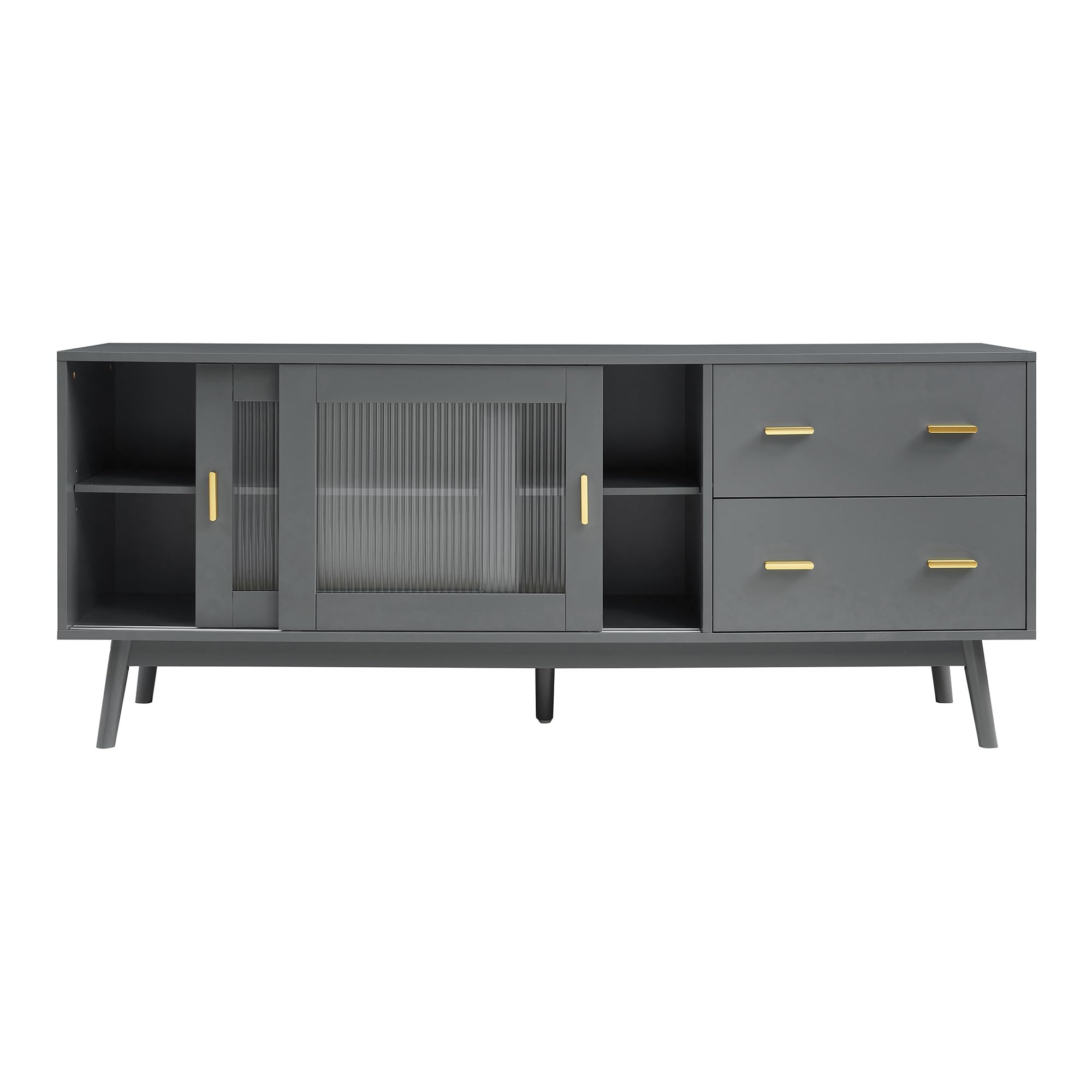[en.casa] Mueble de TV Susa con 2 Puertas Corredoras de Vidrio y 2 Cajones Mesa de TV Mueble de Salón con Tablero Rectangular MDF Patas de Pino 160 x 40 x 65 cm - Gris