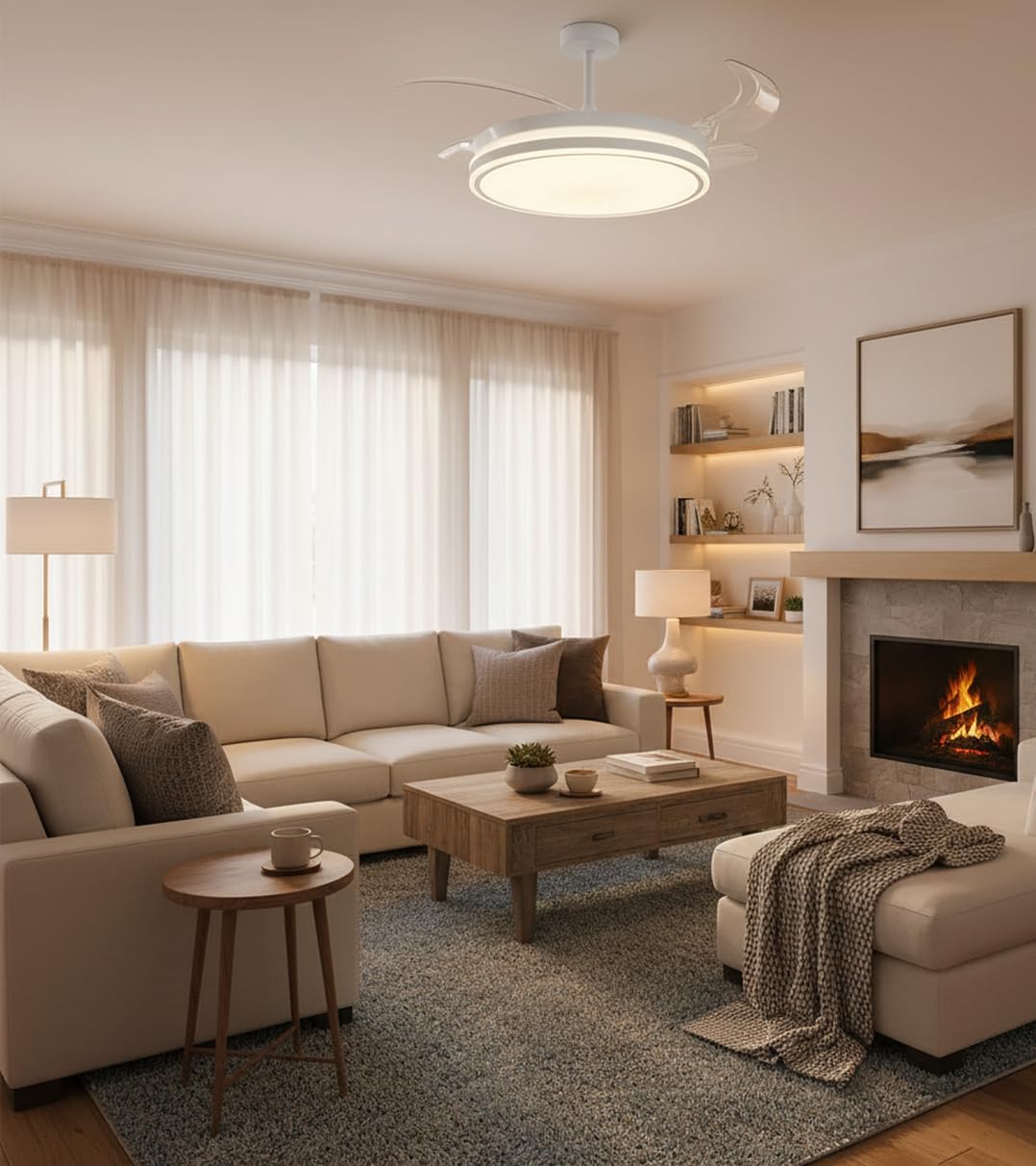 BEL AIR HOME - Ventilador de Techo con Aspas Retráctiles, Motor DC Silencioso, Luz LED 36W 3 Temperaturas de Color, Mando a Distancia, Modo Invierno, Diseño Moderno (BLANCO)