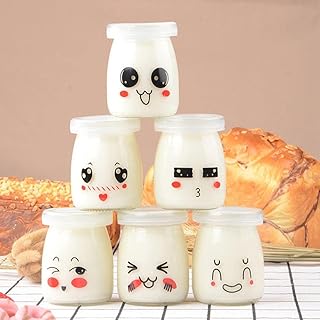 MMNJUVIOSDS 6pcs 150/200ml Yogurt Glass Facial Expression Pudding Jars Cartoon Heat Resistant Glass Jelly Yogurt Jar (Random Pattern) -6pcs 150ml, Transparent