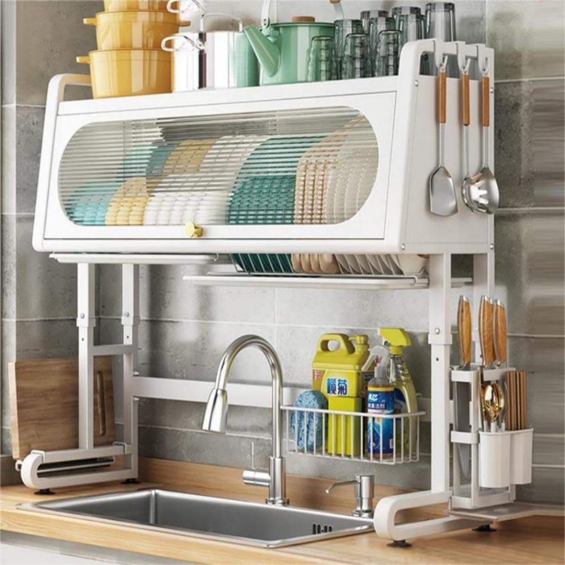 Free Standing Dish Drying Rack Over Sink, Dish Rack Cabinet with Adjustable Height Dish Drainer Organizer with Large Capacity Kitchen Storage Shelf White for Home Kitchen