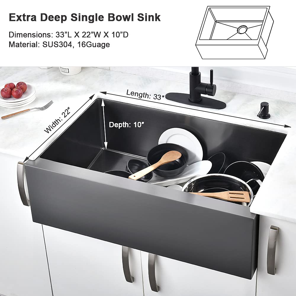 33 inch Black Farmhouse SinkHovheir Stainless Steel Kitchen Sink Deep