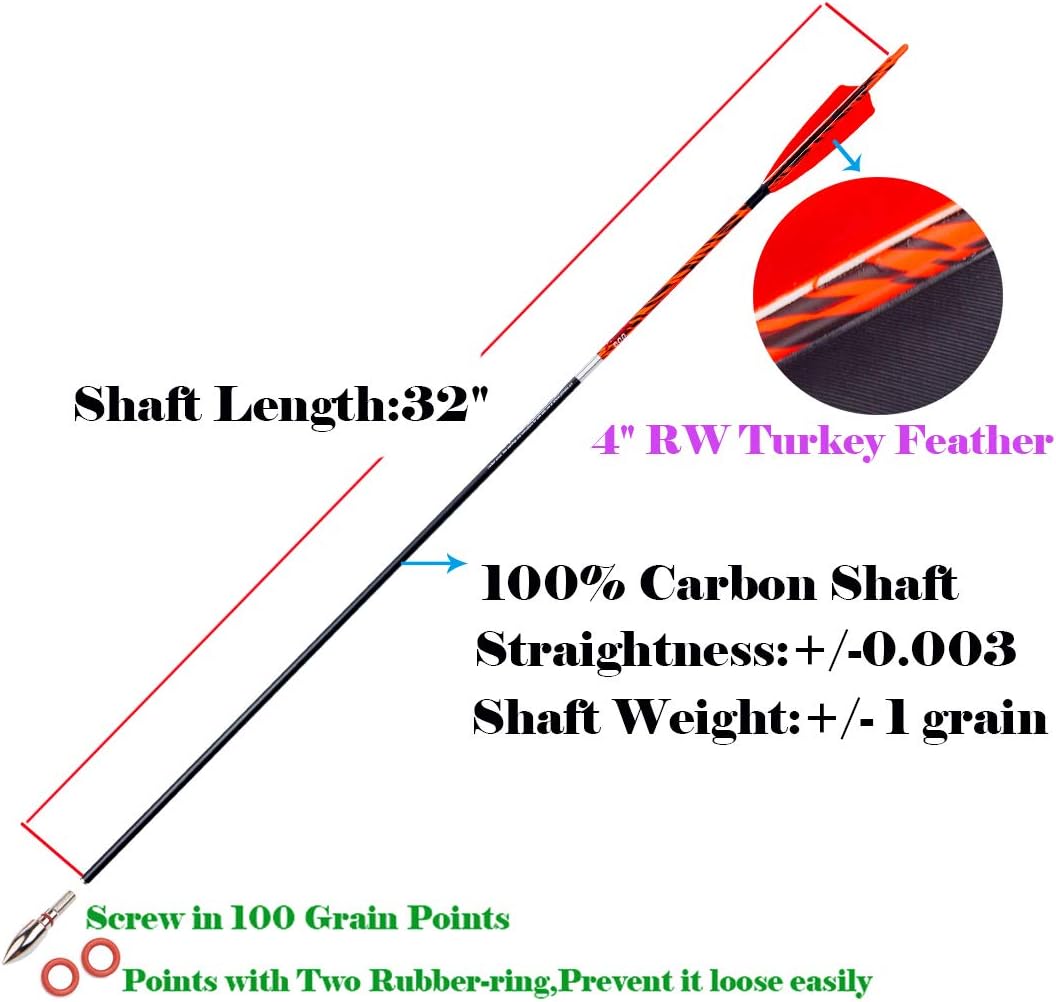 Archery Traditional Arrows 300 400 500 600 Spine Turkey Feather 30 32 Inch Carbon Shafts for Recurve Longbow Compound Bows Hunting Targets 12PCS